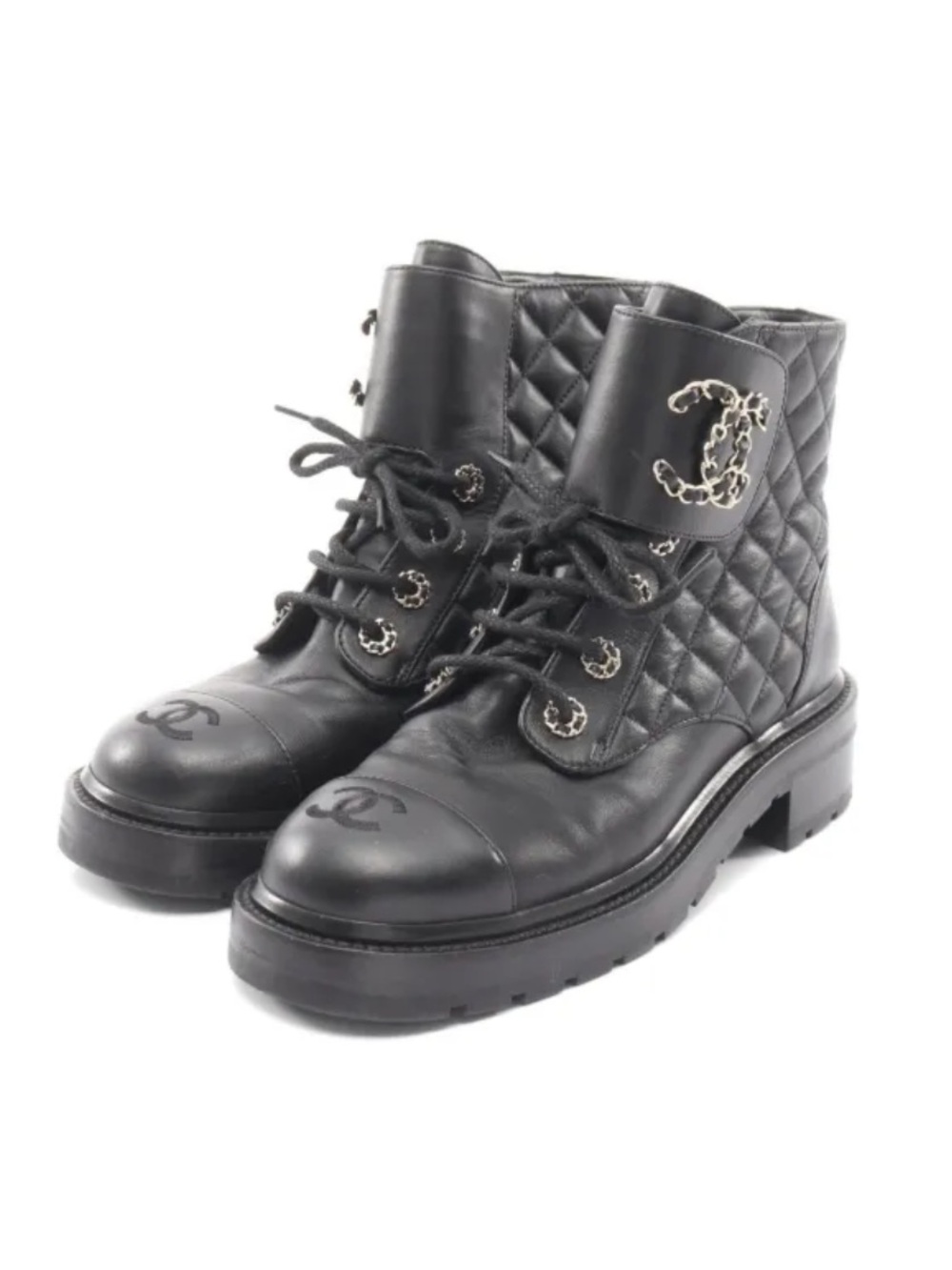 CHANEL Black Rubber Tread Sole Lace-Up Boot size 6